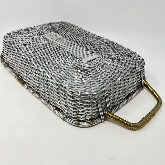 Vintage Mid Century Casserole Holder Woven Aluminum Brass Table Serving Basket - Picture 13 of 15
